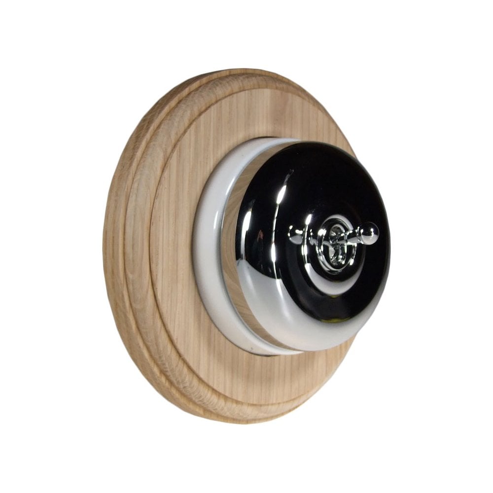 Switch to Wood's Dolly Light Switch Smooth Dome - 1 Gang Round Backplate Polished Chrome in Unfinished Oak