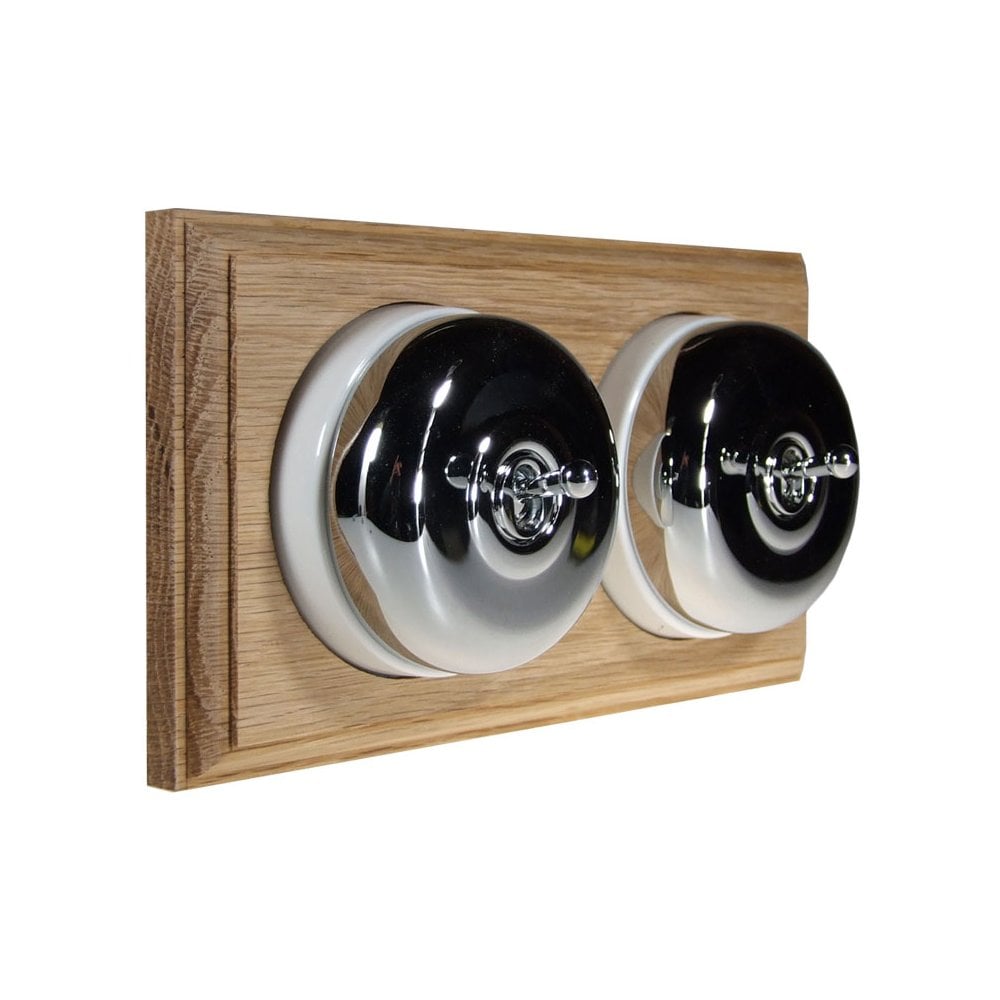 Switch to Wood's Dolly Light Switch Smooth Dome - 2 Gang Horizontal Polished Chrome in Unfinished Oak