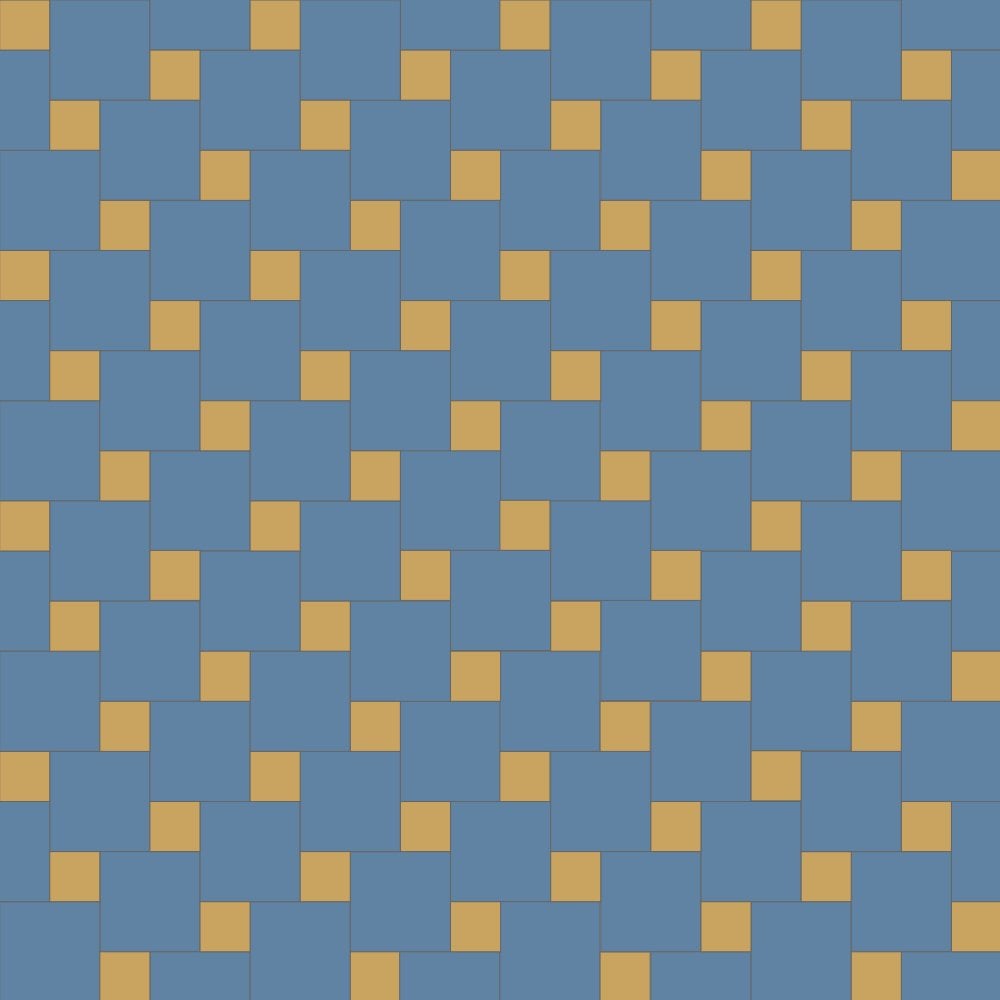 Geometric pattern of alternating dark blue and smaller yellow squares arranged in a staggered grid, creating a bold, modern optical effect.  