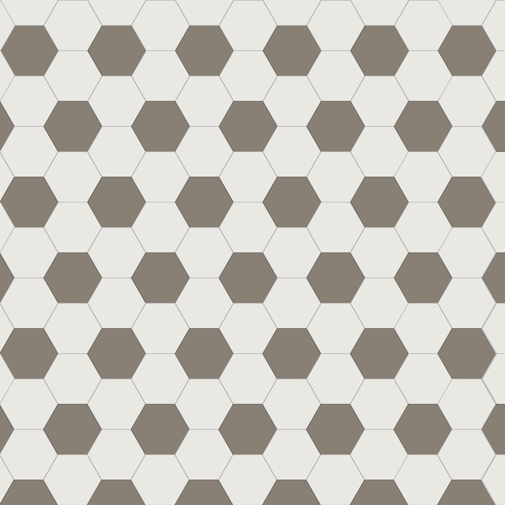 Victorian hexagonal tile pattern with alternating grey and crisp super-white tiles in a honeycomb design.  