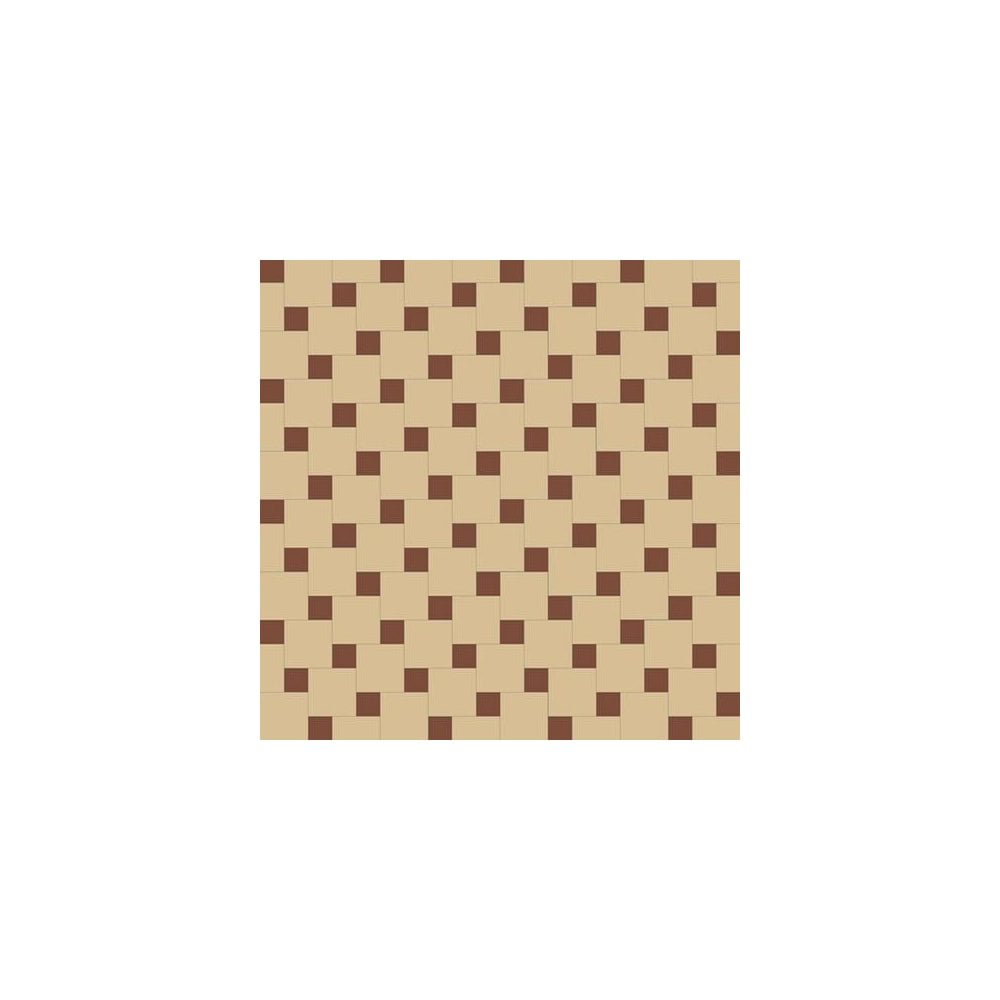 Geometric pattern of alternating cognac and red squares arranged in a staggered grid, creating a bold, modern optical effect.  