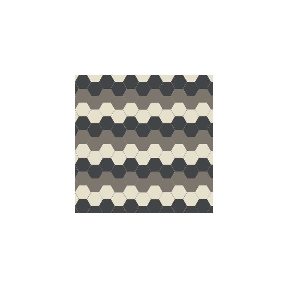 Victorian tile pattern featuring alternating super white, black and grey hexagons arranged in horizontal stripes.  