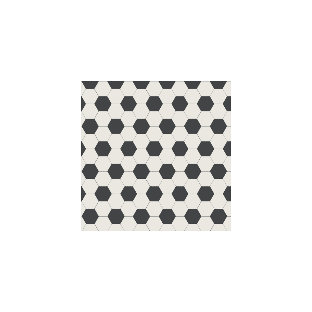 Victorian tile pattern with alternating black and white hexagons in a geometric grid.  