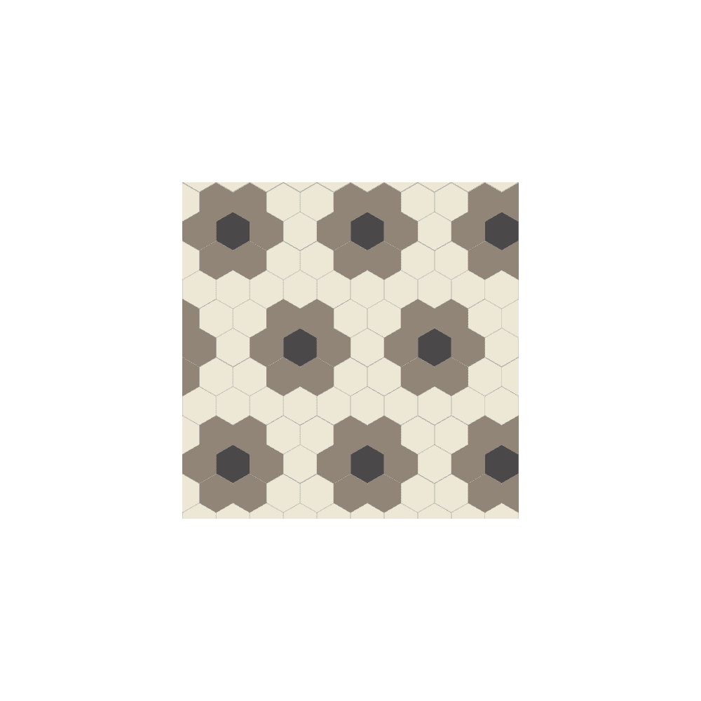 Floral hexagon tile pattern with ivory background, grey petals, and black centres in a honeycomb layout.  
