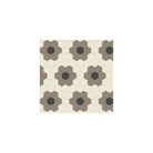 Floral hexagon tile pattern with ivory background, grey petals, and black centres in a honeycomb layout.  