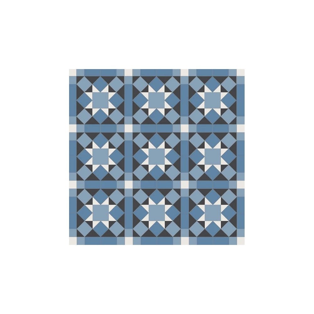 Classic blue, black and ivory-white tile design featuring interlocking geometric shapes in a traditional repeating pattern.   