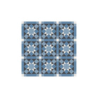 Classic blue, black and ivory-white tile design featuring interlocking geometric shapes in a traditional repeating pattern.   