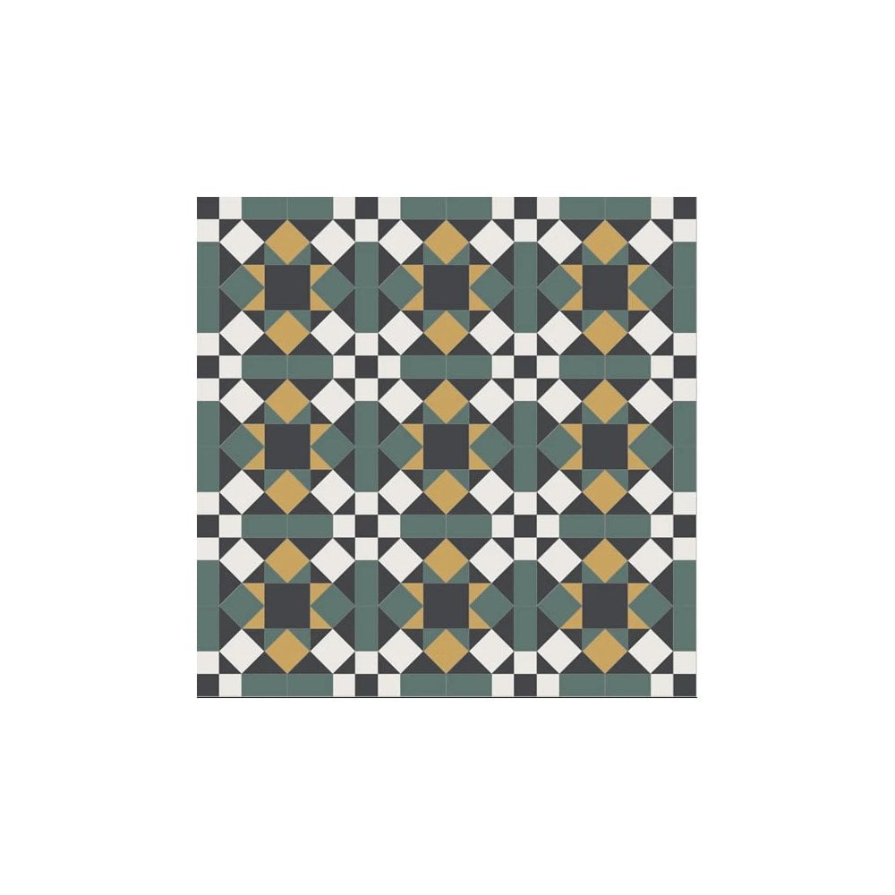Classic green, black, anthracite, green and white tile design featuring interlocking geometric shapes in a traditional repeating pattern.   