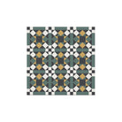 Classic green, black, anthracite, green and white tile design featuring interlocking geometric shapes in a traditional repeating pattern.   
