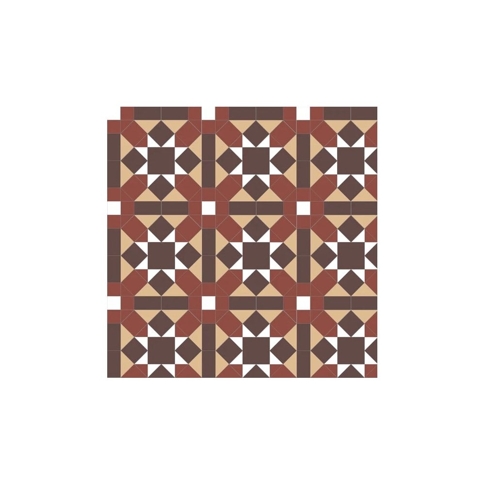 Classic cognac, black, brown and white tile design featuring interlocking geometric shapes in a traditional repeating pattern.   