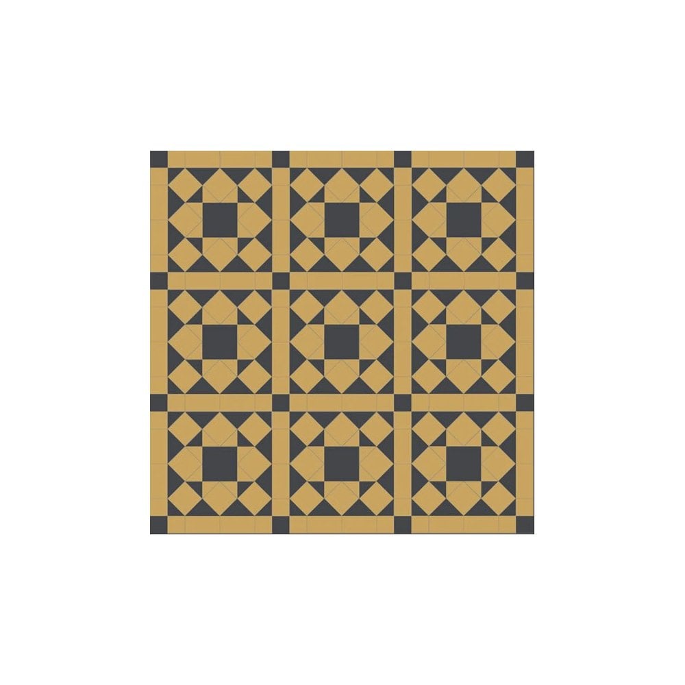 Classic mustard yellow and black tile design featuring interlocking geometric shapes in a traditional repeating pattern.   