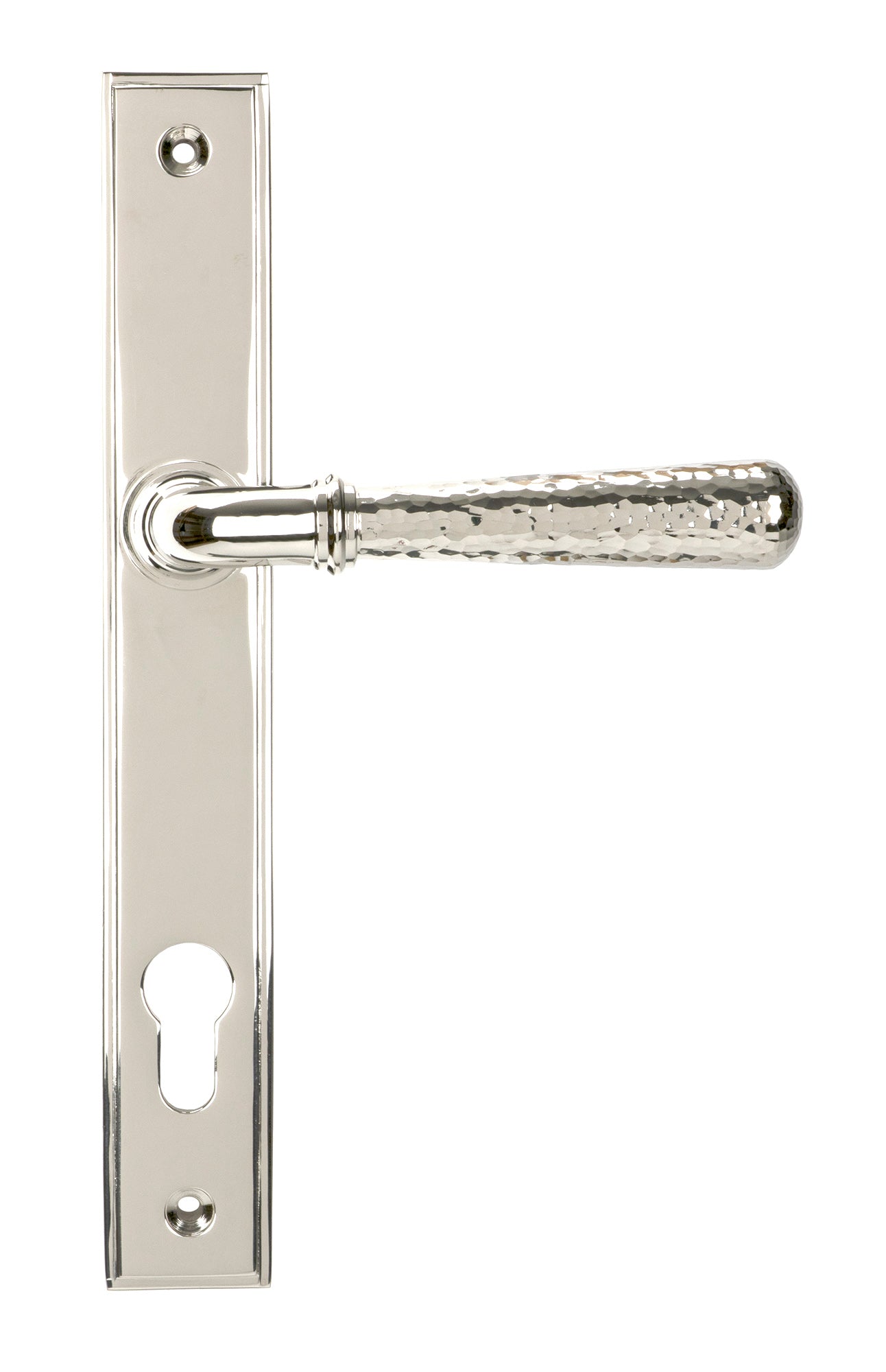 From The Anvil's Polished Nickel Hammered Newbury Slimline Espag. Lock Set