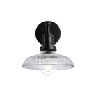 Industrial-style pendant light with a glass dome with a black holder.