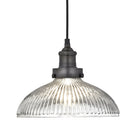 Industrial-style pendant light with a glass dome with a pewter holder.