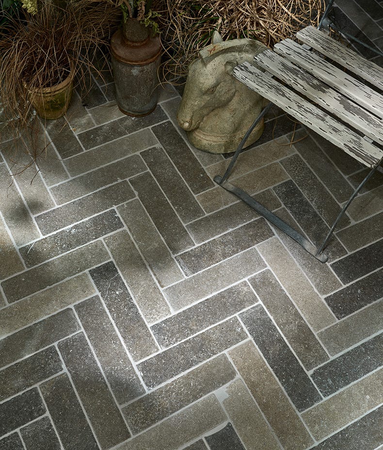 Ca'Pietra's Kimmeridge Limestone Tumbled & Etched Parquet Tiles