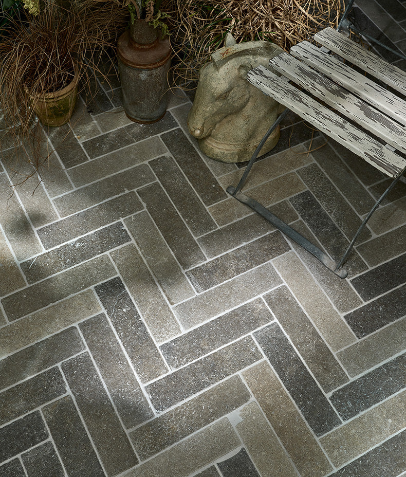 Ca'Pietra's Kimmeridge Limestone Tumbled & Etched Parquet Tiles