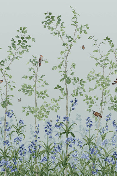 Little Greene's Bird & Bluebell  Wallpaper in Celestial Blue