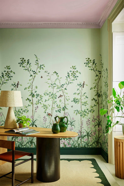 Little Greene's Bird & Bluebell  Wallpaper in Pea Green