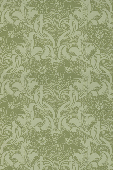 Little Greene's Dahlia Scroll Wallpaper in Pea Green