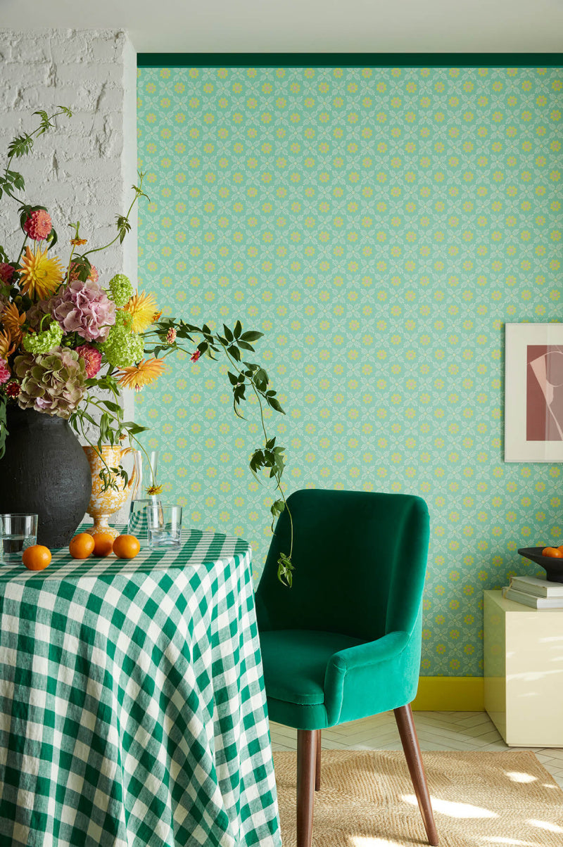 Little Greene's Ditsy Block Wallpaper in Green Verditer