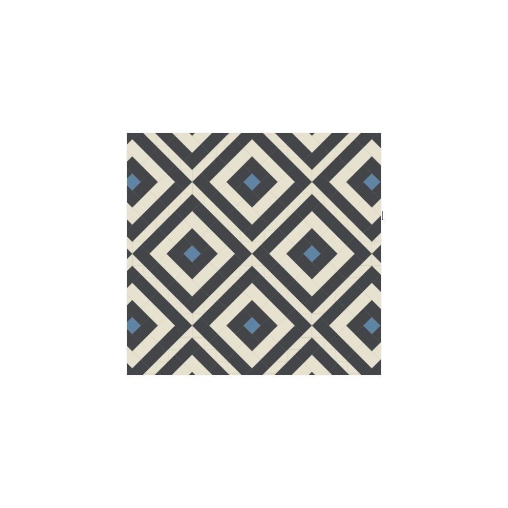 Geometric tile design with interlocking black, warm white and blue diamond patterns for a bold, modern look. 