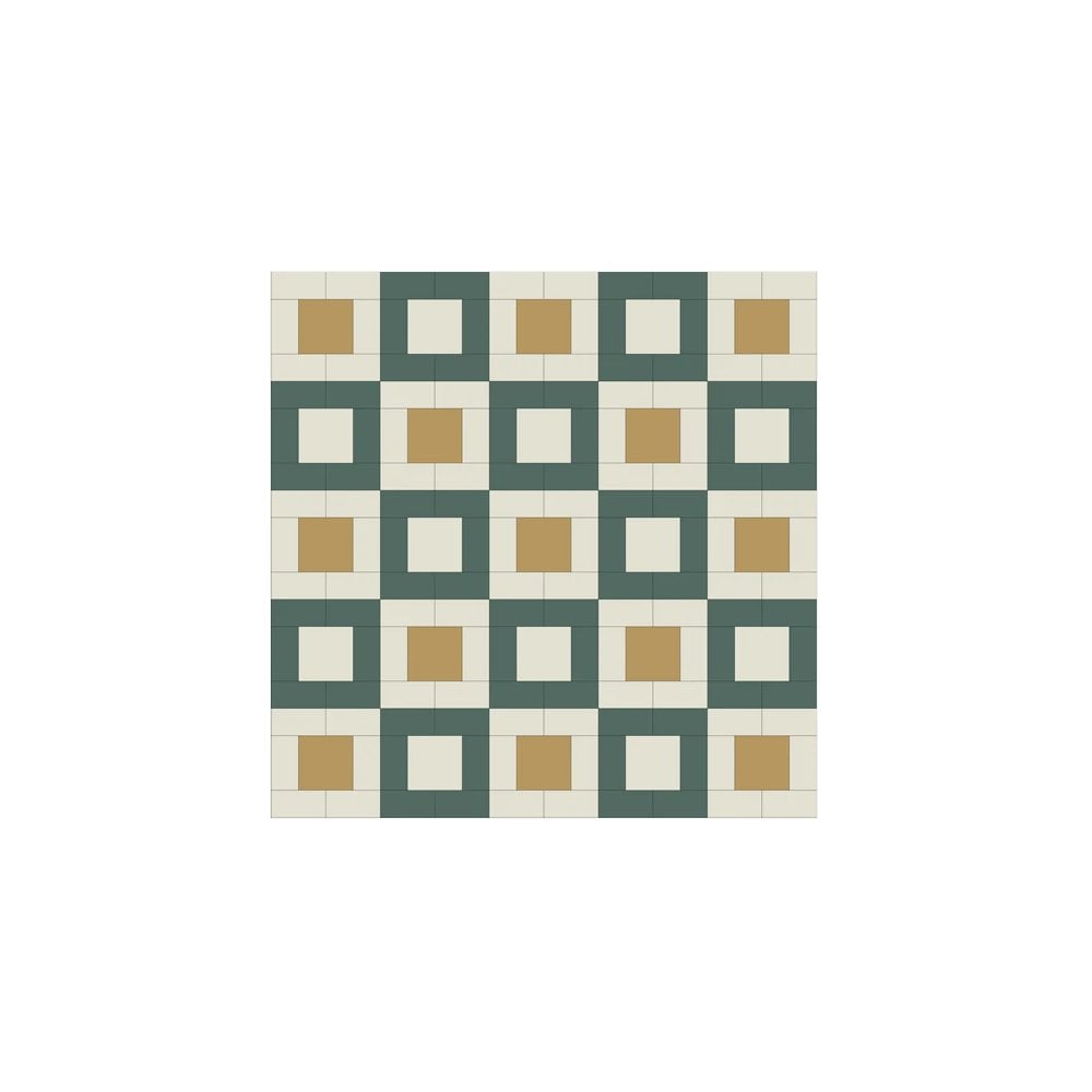 Geometric pattern featuring alternating yellow and white squares framed by dark green borders, arranged in a precise grid for a layered, three-dimensional effect.