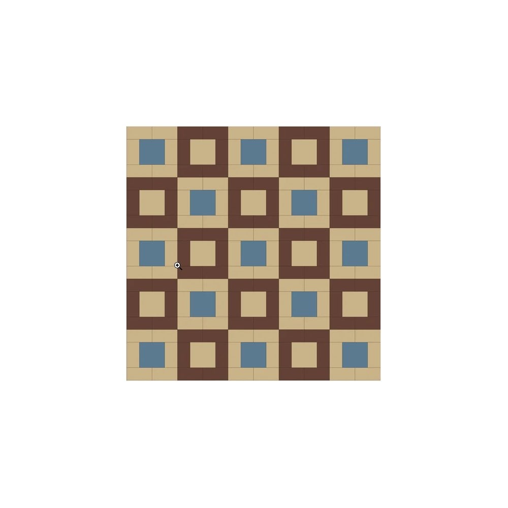  Geometric pattern of alternating, red-framed cognac-beige squares arranged in a precise grid, with dark blue accents, creating a layered, three-dimensional effect.  