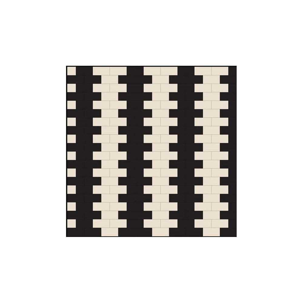 Victorian-inspired geometric tile pattern featuring alternating vertical bands of ivory-white and black interlocking rectangular shapes in a traditional layout.   