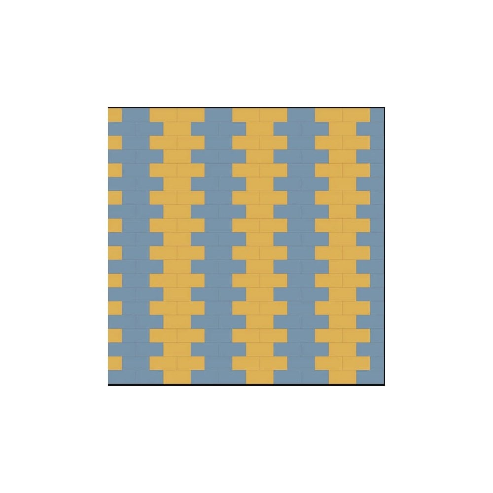 Victorian-style geometric tile pattern featuring alternating vertical stripes of golden yellow and slate blue interlocking rectangular shapes in a traditional layout.   
