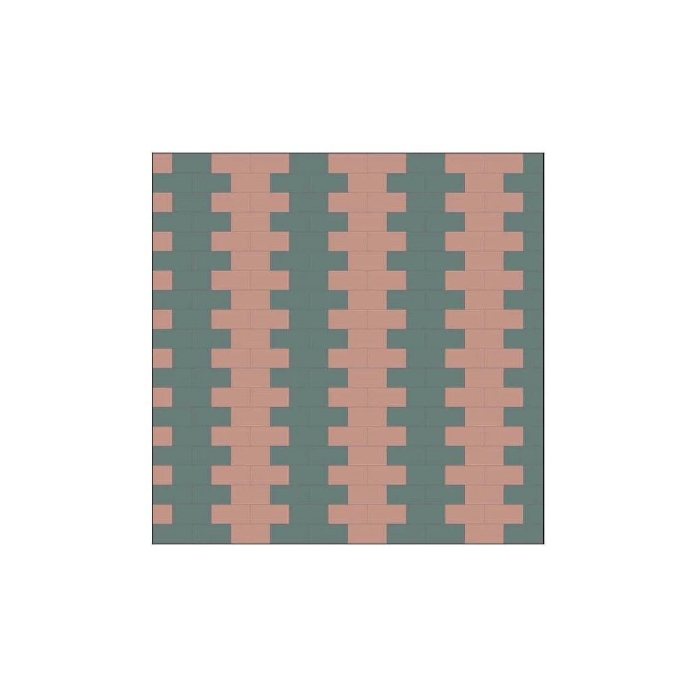 Victorian-style geometric tile pattern featuring alternating vertical stripes of old pink and deep green interlocking rectangular shapes in a traditional layout.   