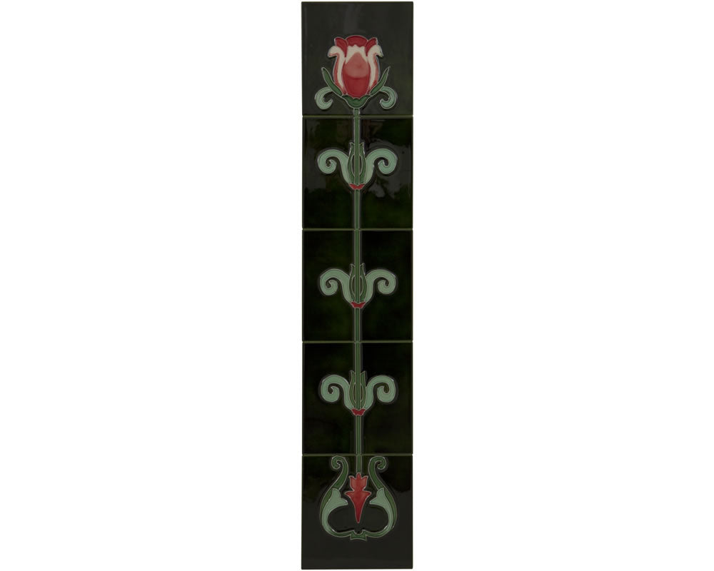 Set of 10 Red/White Tulip On Green Tiles